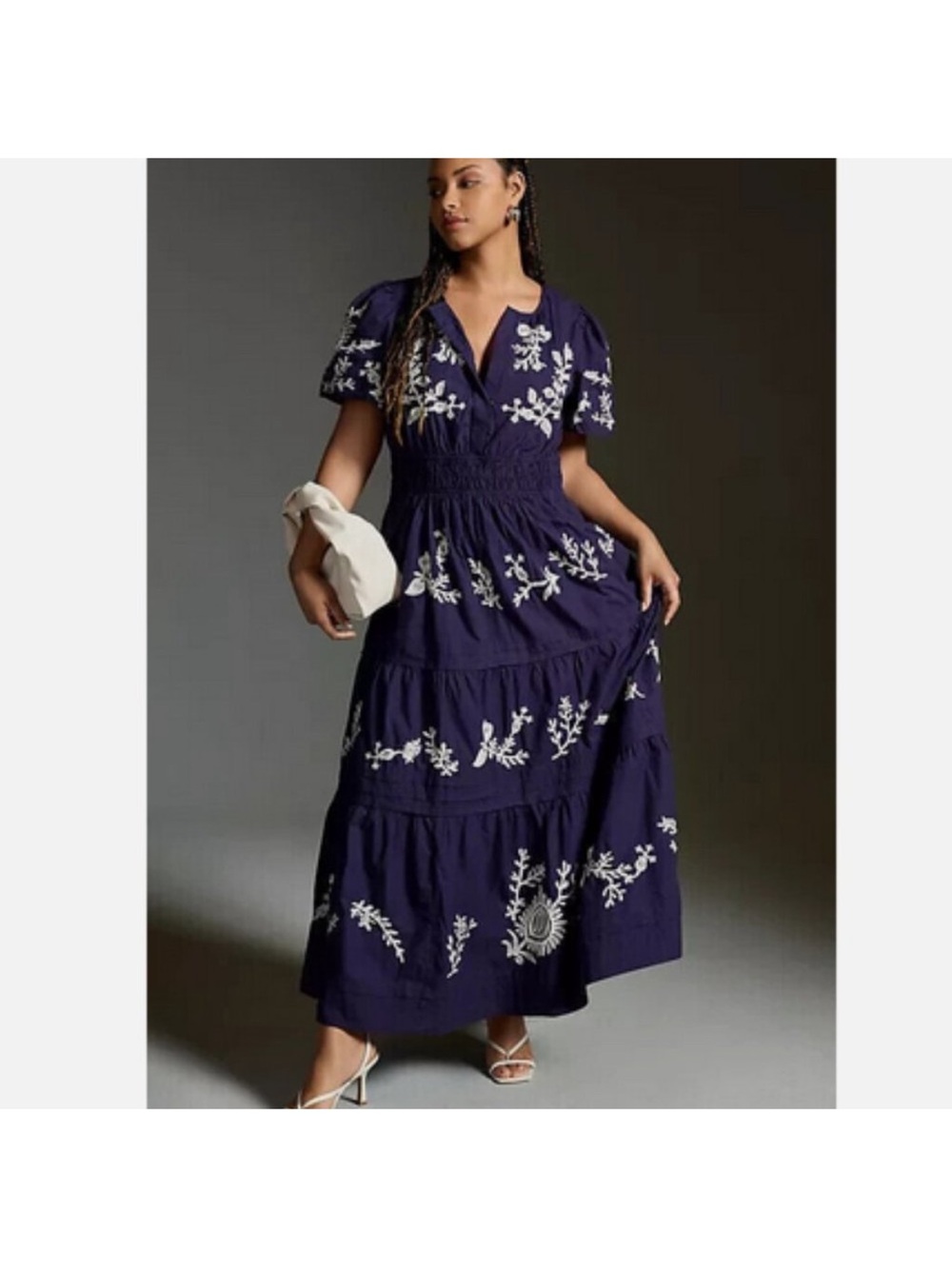 Embroidered Navy Maxi Dress with Smocked Waist